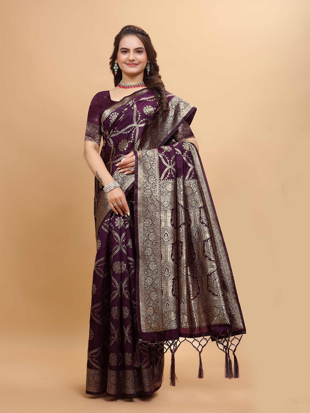 

DRIZOMIZ Ethnic Motifs Woven Design Zari Pure Silk Kanjeevaram Saree, Purple