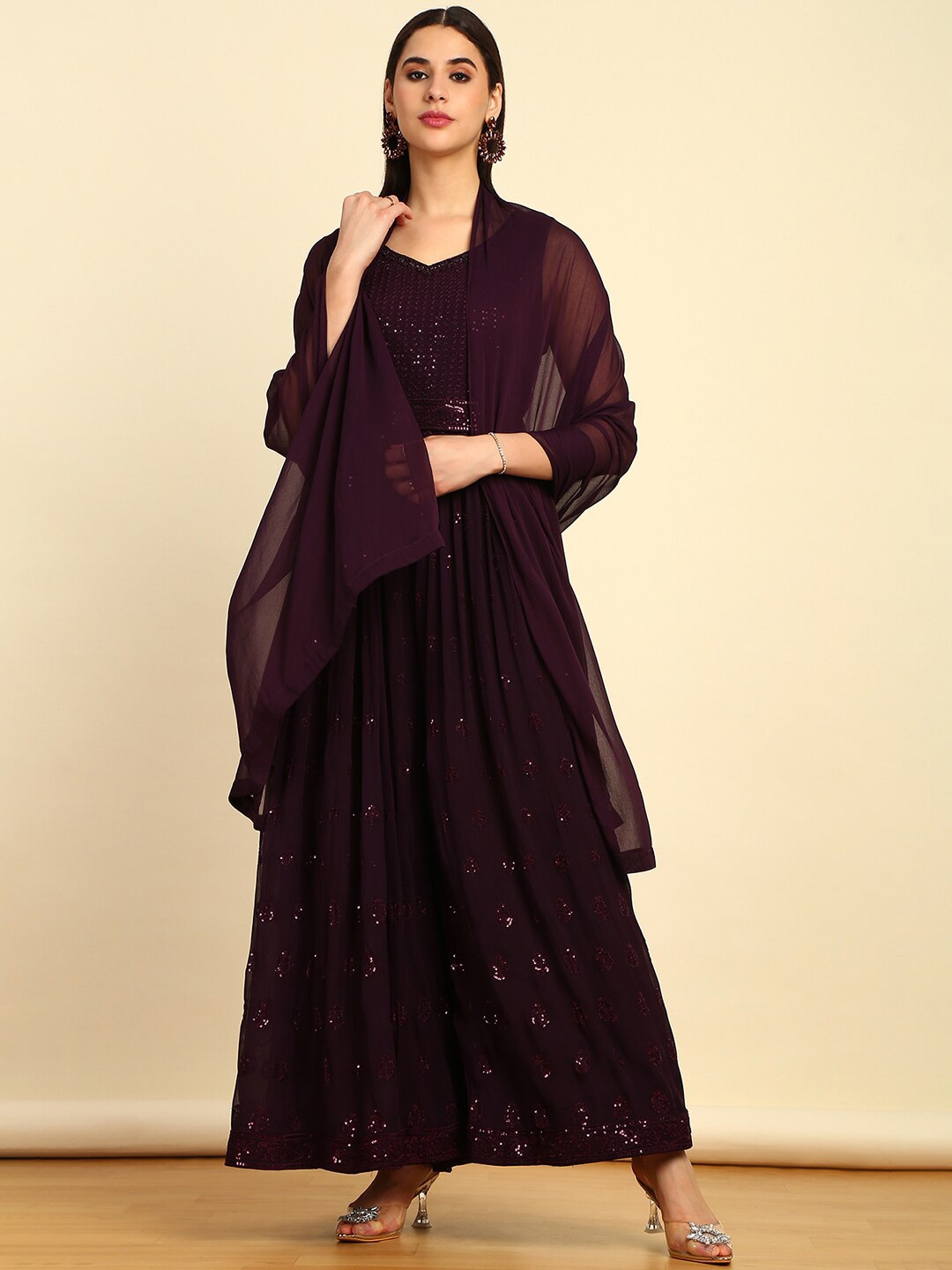 

Soch Purple Embellished Basic Jumpsuit With Dupatta & Belt