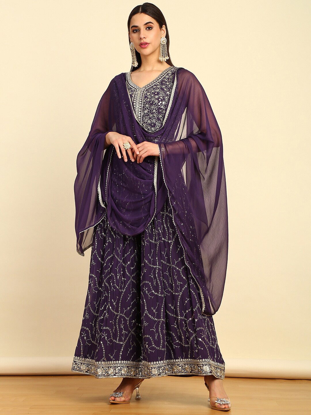 

Soch Purple Embellished Basic Jumpsuit With Dupatta & Belt