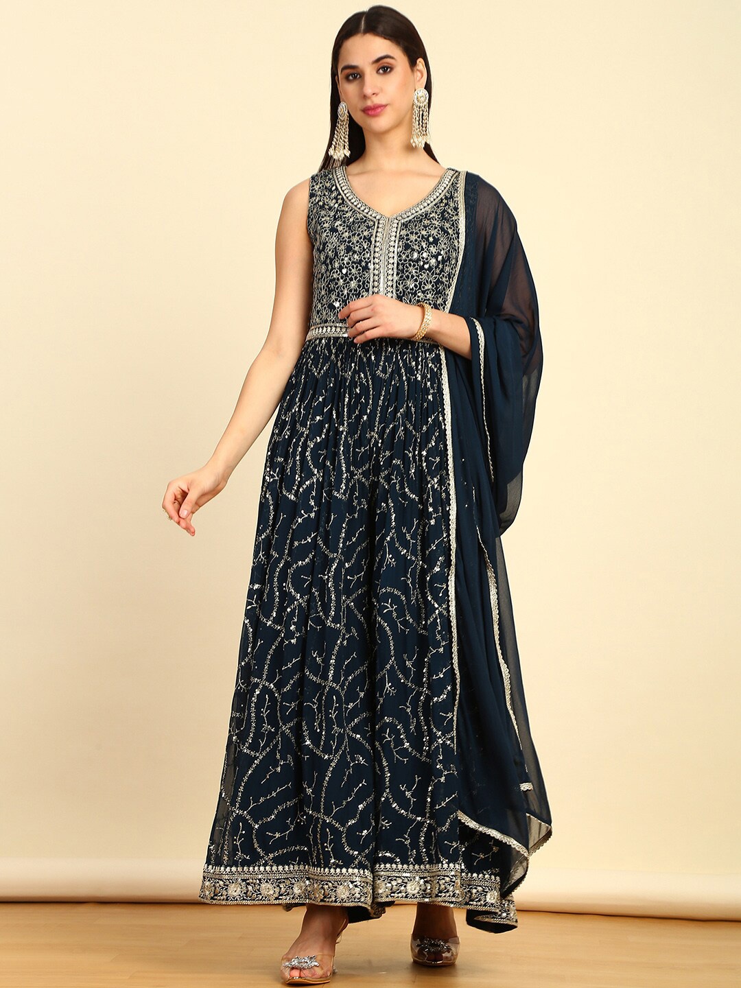 

Soch Navy Blue Embellished Georgette Basic Jumpsuit With Dupatta & Belt