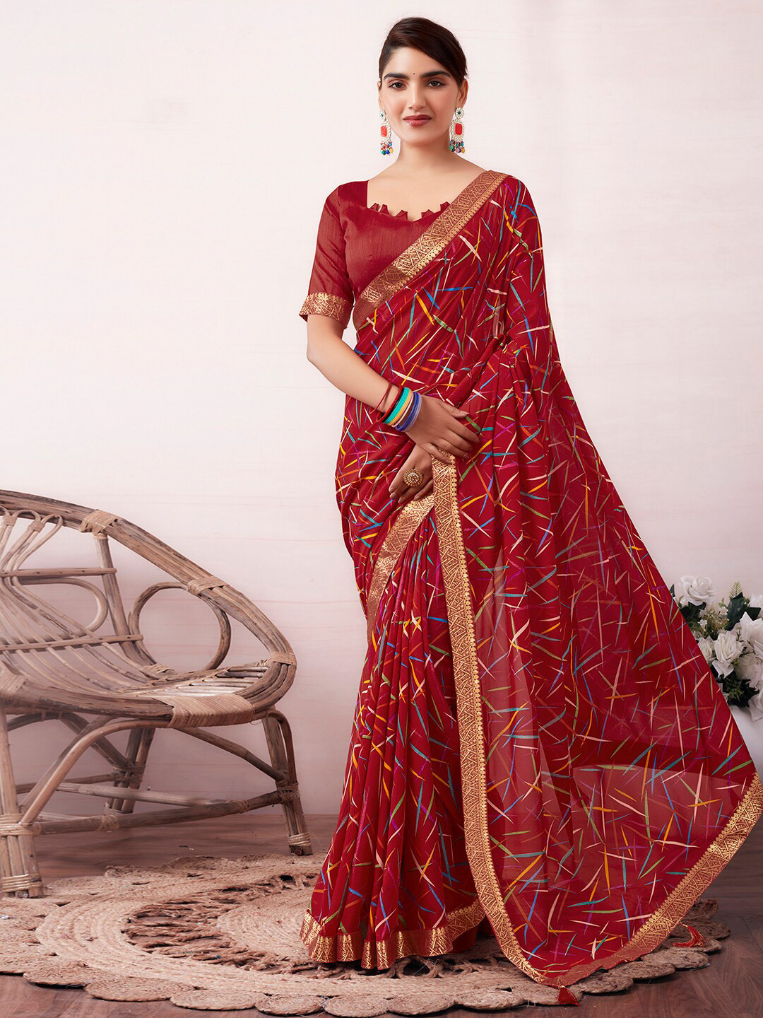 

KALINI Abstract Printed Zari Ikat Saree, Red
