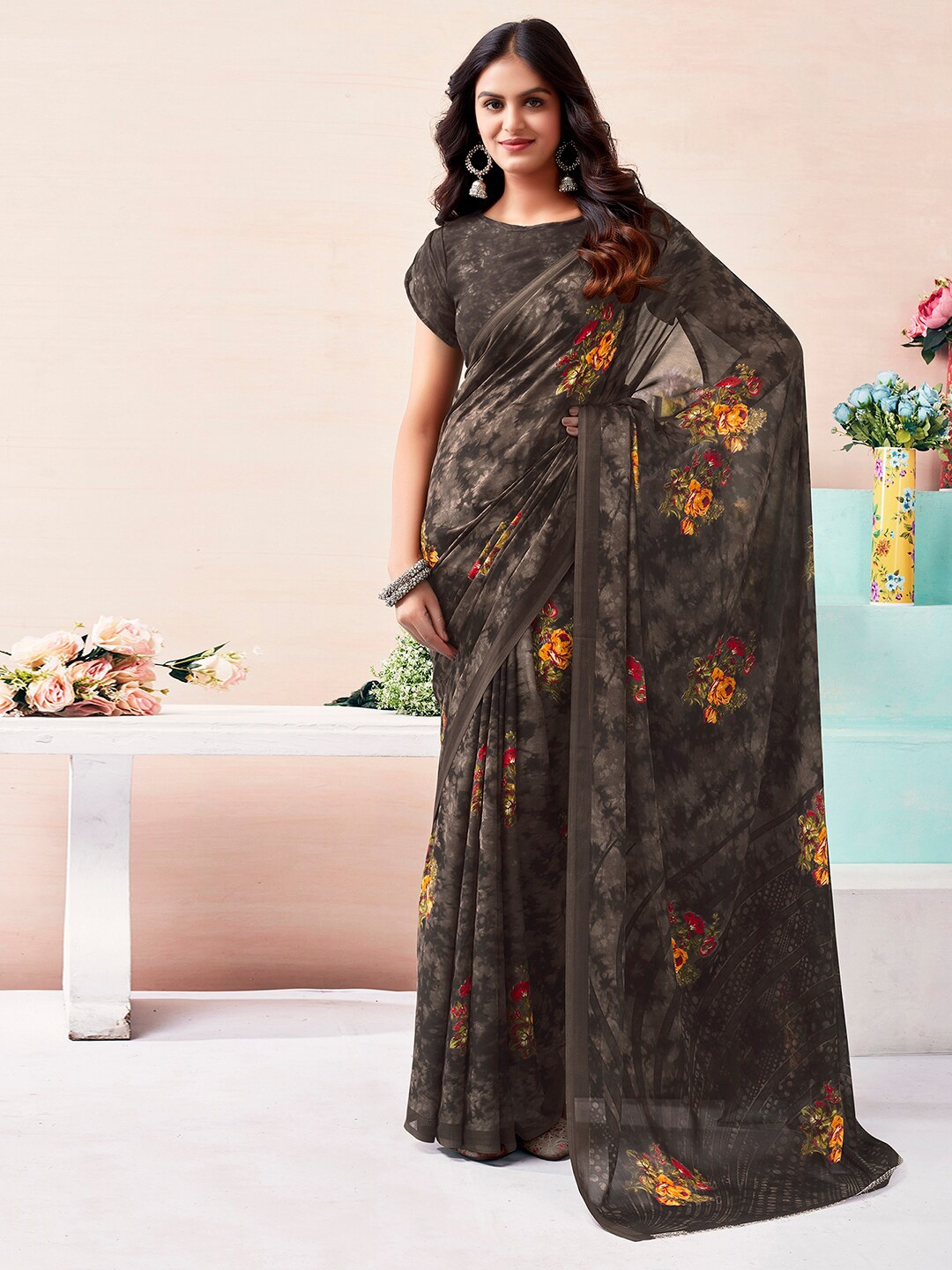 

KALINI Floral Printed Saree, Brown