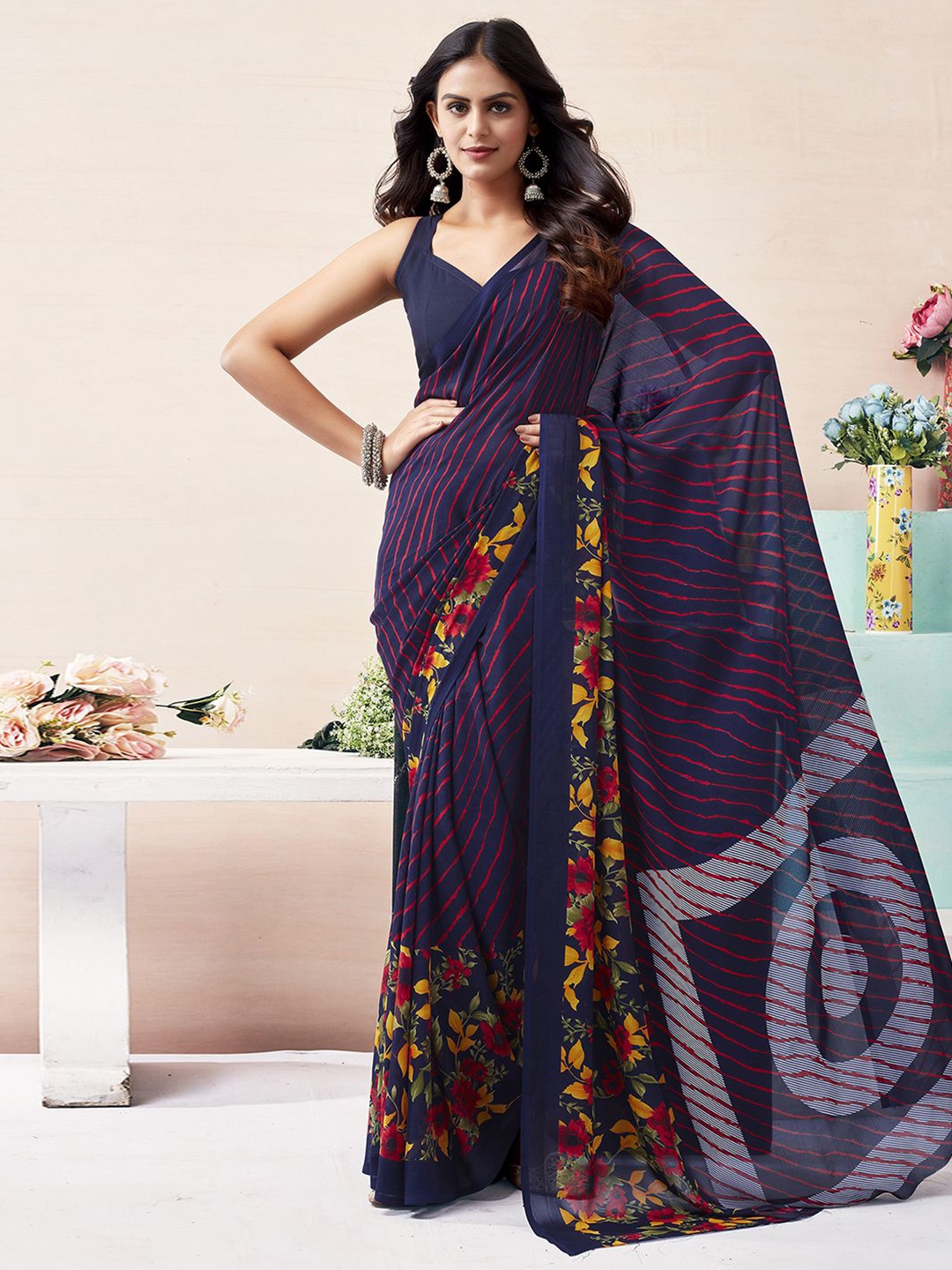 

KALINI Printed Leheriya Saree, Navy blue