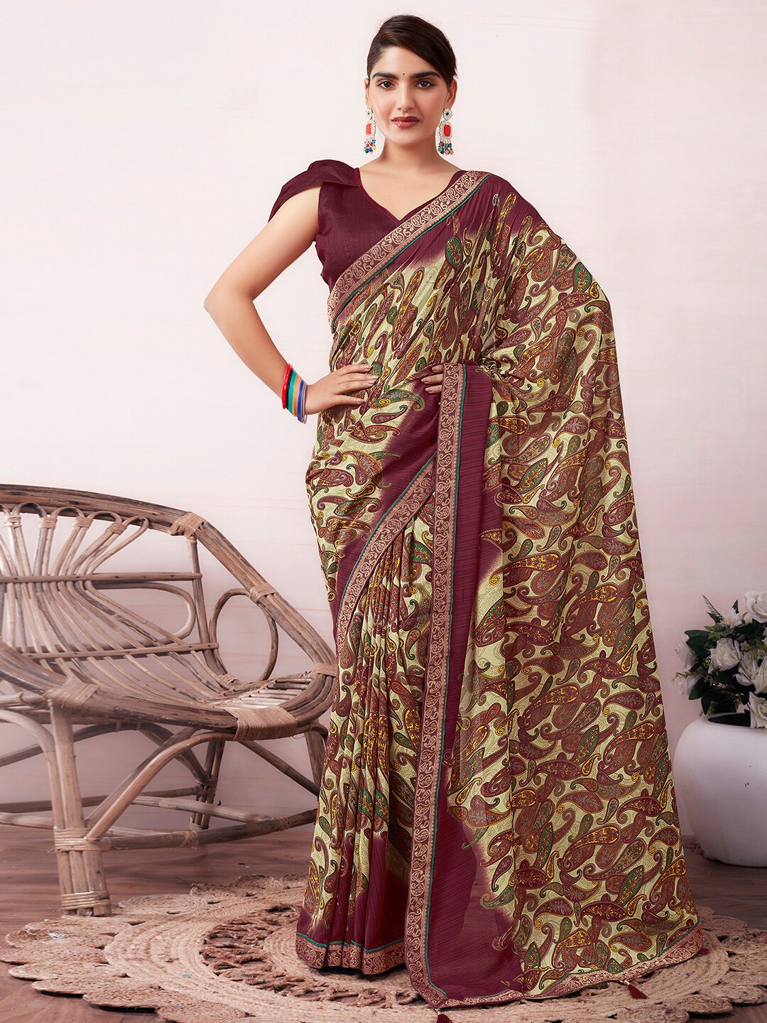 KALINI Floral Printed Zari Saree, Beige