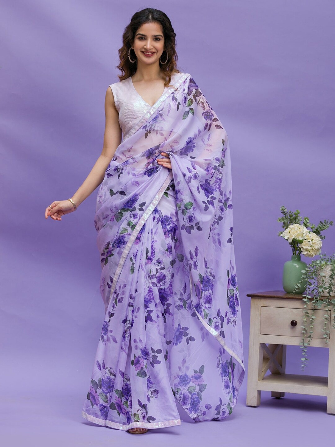 

Mitera Floral Printed Sequinned Silk Blend Saree, Purple