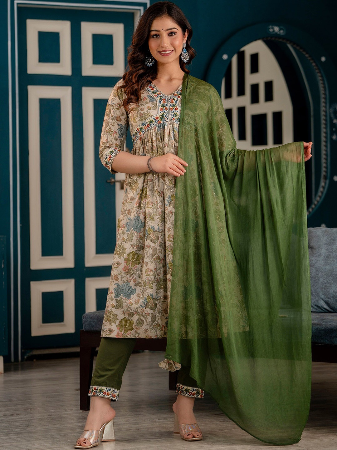 

CKM Ethnic Motifs Printed Pure Cotton Empire Kurta With Trouser & Dupatta, Green