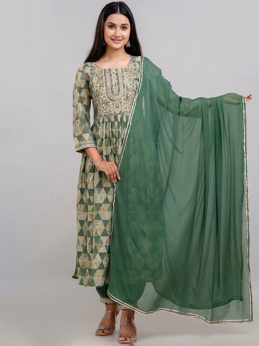 

CKM Geometric Printed Thread Work Pleated Kurta With Salwar & Dupatta, Green