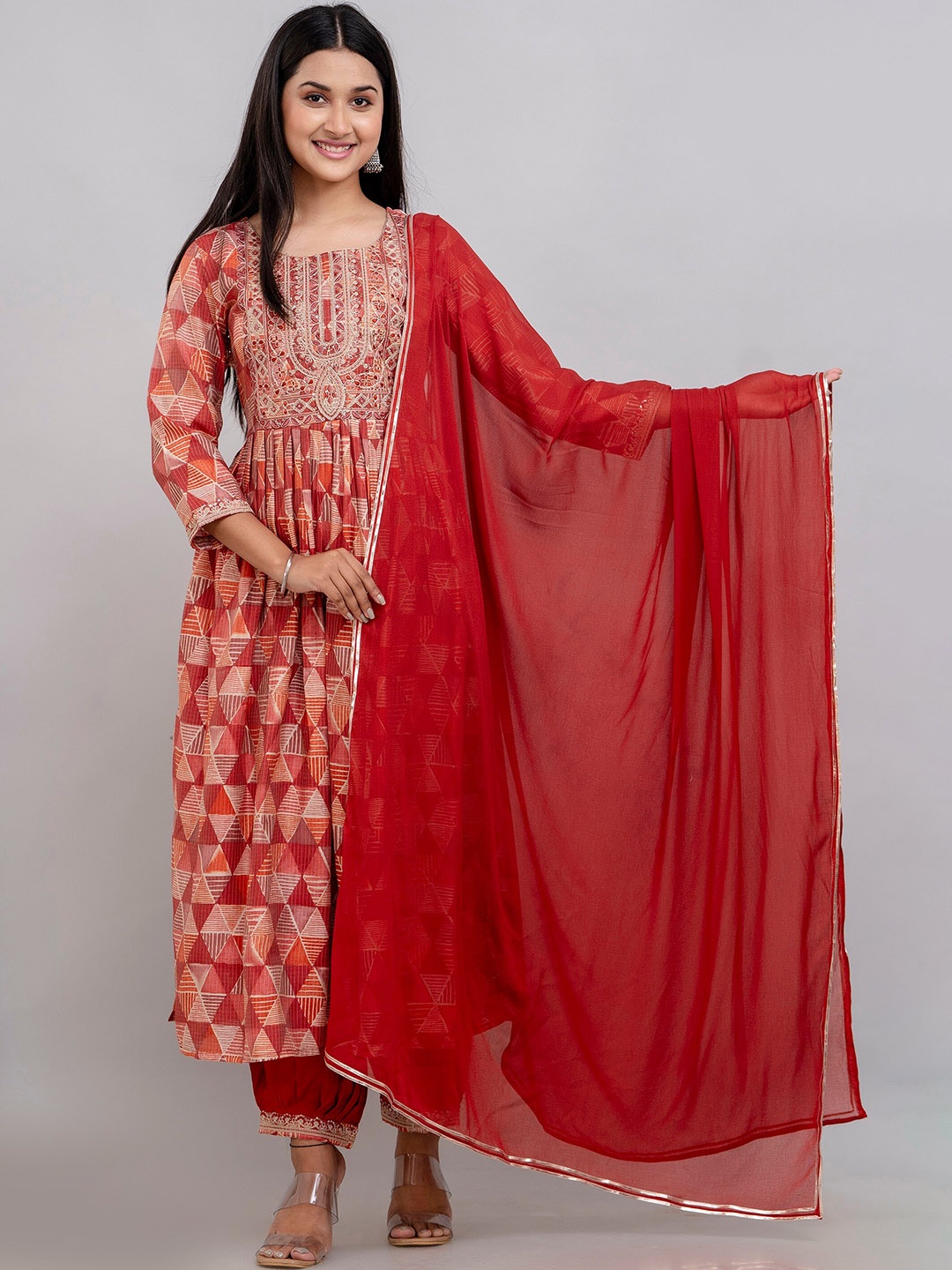 

CKM Geometric Printed Thread Work Pleated Kurta With Salwar & Dupatta, Peach