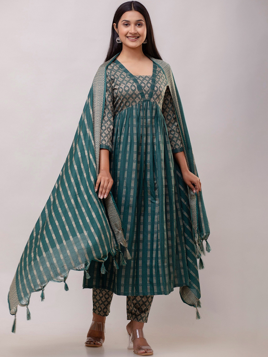 

CKM Striped Thread Work Empire Kurta With Trouser & Dupatta, Green