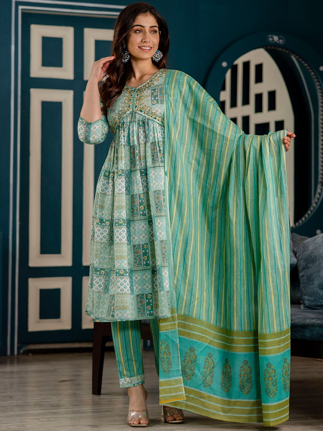 

CKM Ethnic Motifs Printed Pure Cotton Empire Kurta With Trouser & Dupatta, Green