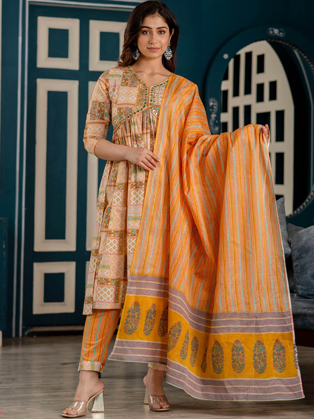 

CKM Ethnic Motifs Printed Pure Cotton Empire Kurta With Trouser & Dupatta, Orange