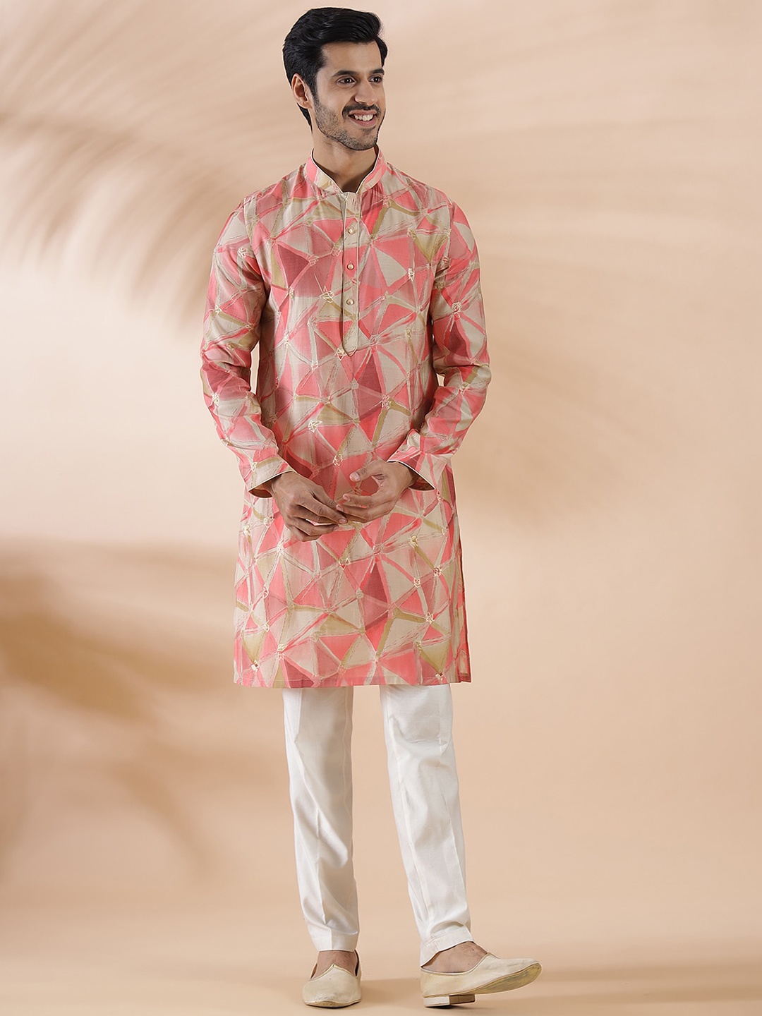 

THE KURTA COMPANY Geometric Printed Mandarin Collar Straight Kurta, Pink