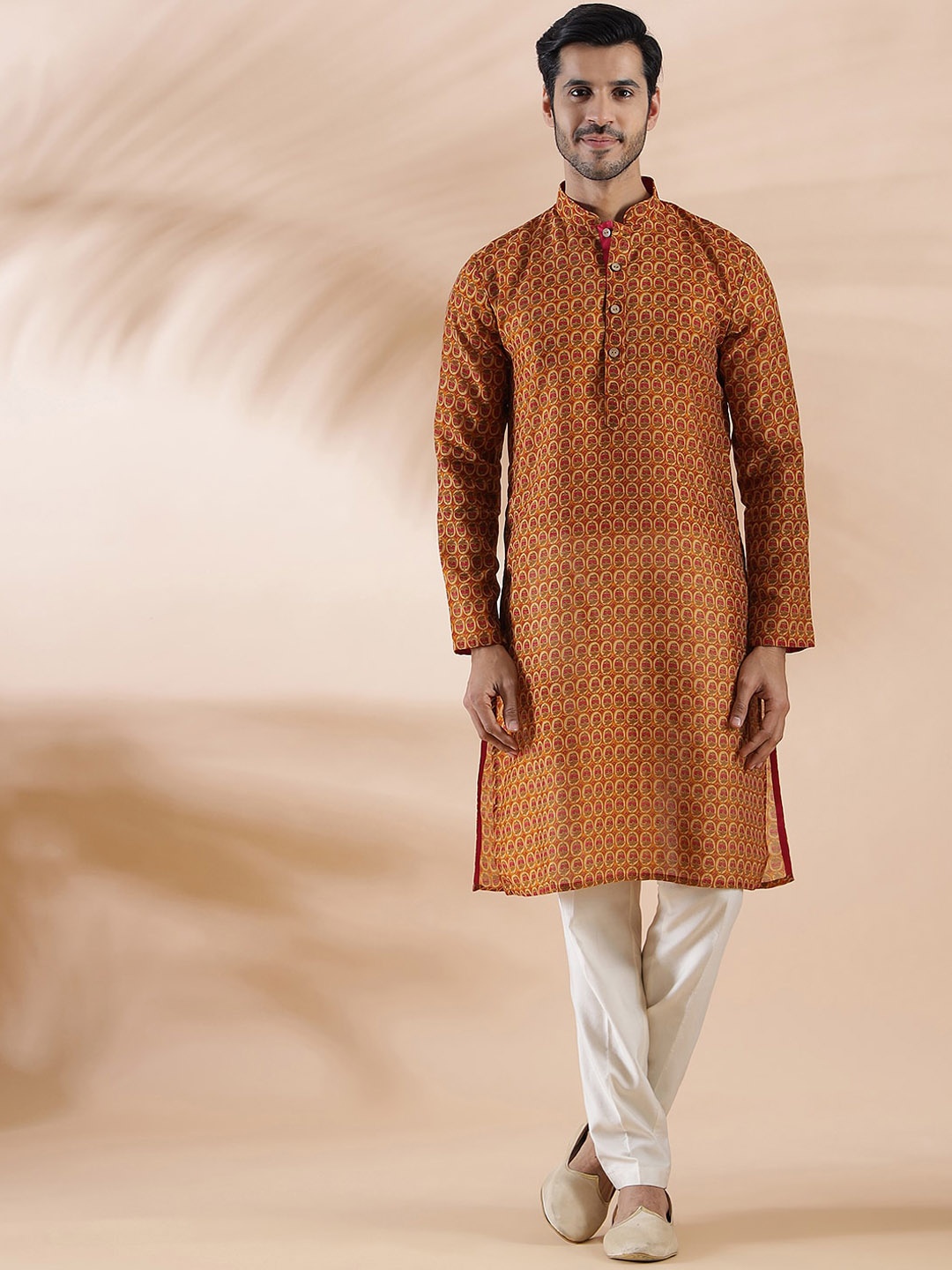 

THE KURTA COMPANY Floral Printed Mandarin Collar Straight Kurta, Mustard