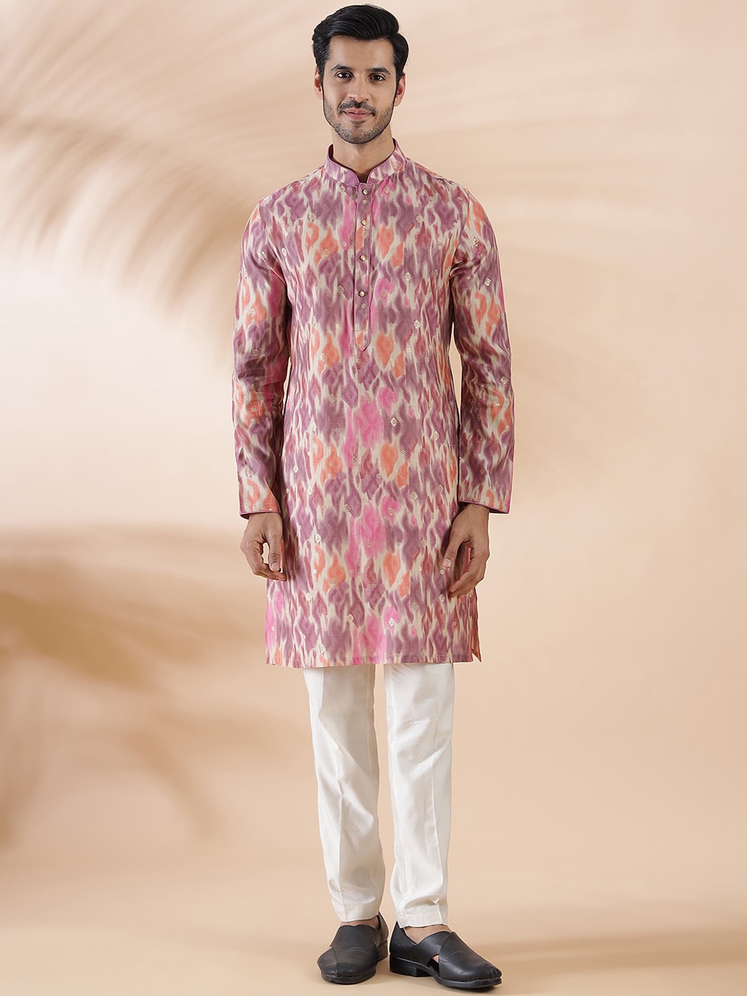 

THE KURTA COMPANY Ethnic Motifs Woven Design Mandarin Collar Straight Kurta, Cream