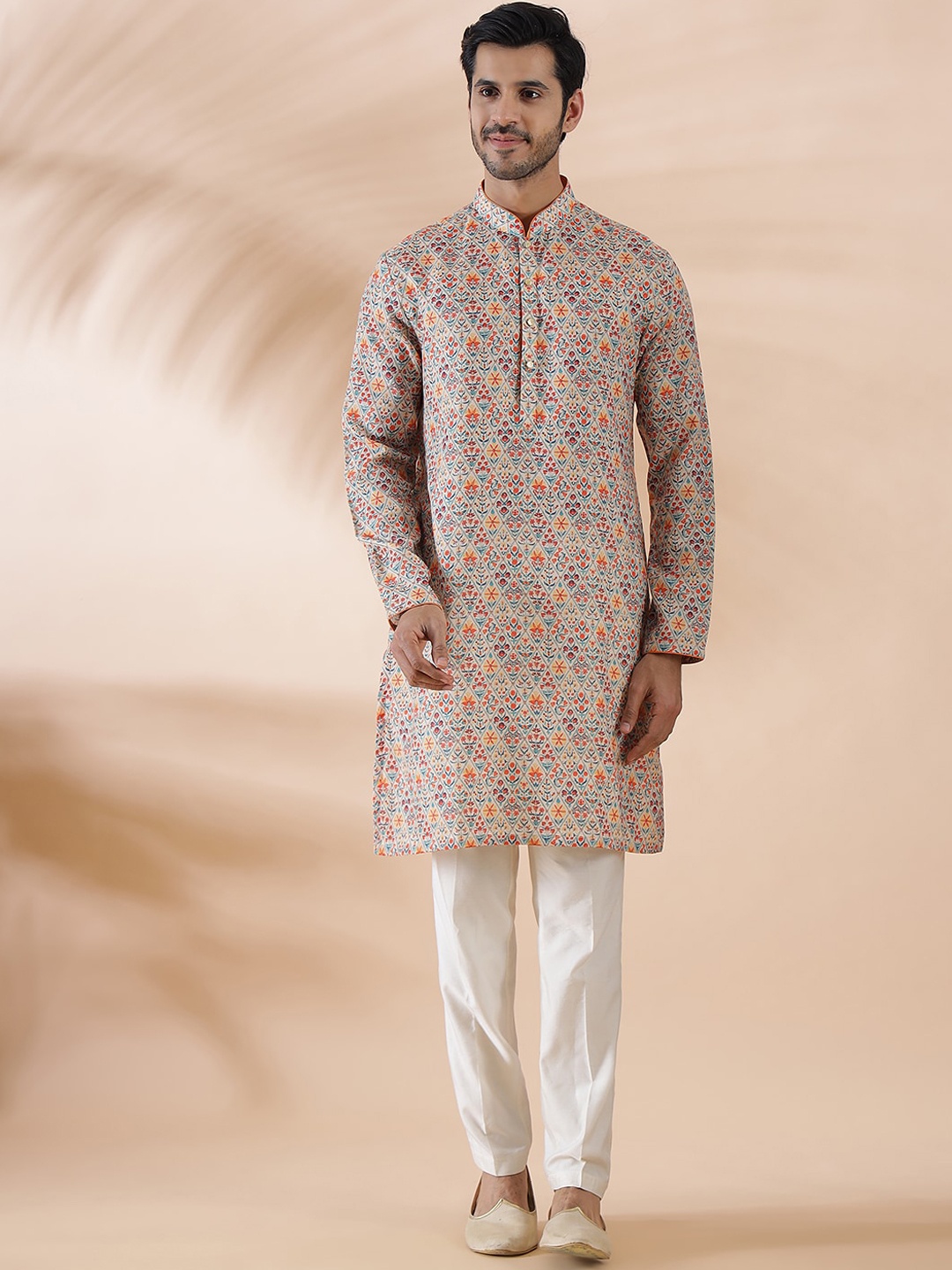 

THE KURTA COMPANY Ethnic Motifs Printed Mandarin Collar Cotton Straight Kurta, Blue