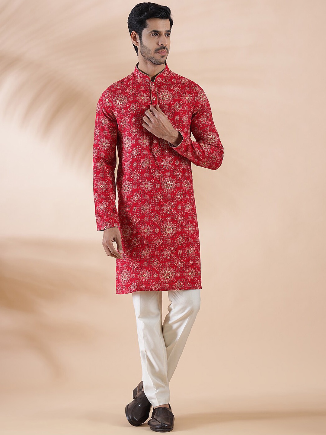 

THE KURTA COMPANY Ethnic Motifs Printed Mandarin Collar Straight Kurta, Pink