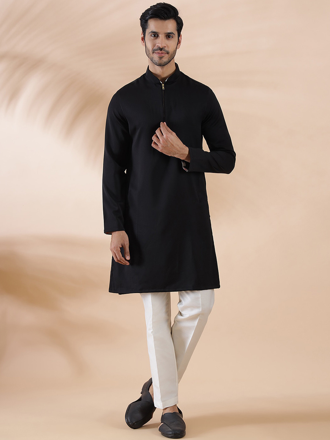 

THE KURTA COMPANY Half Zipper Mandarin Collar Straight Kurta, Black