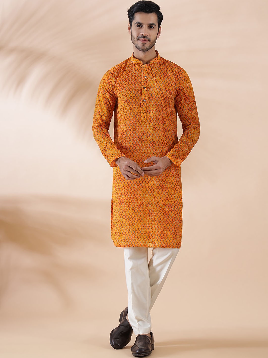 

THE KURTA COMPANY Ethnic Motifs Printed Mandarin Collar Straight Kurta, Yellow