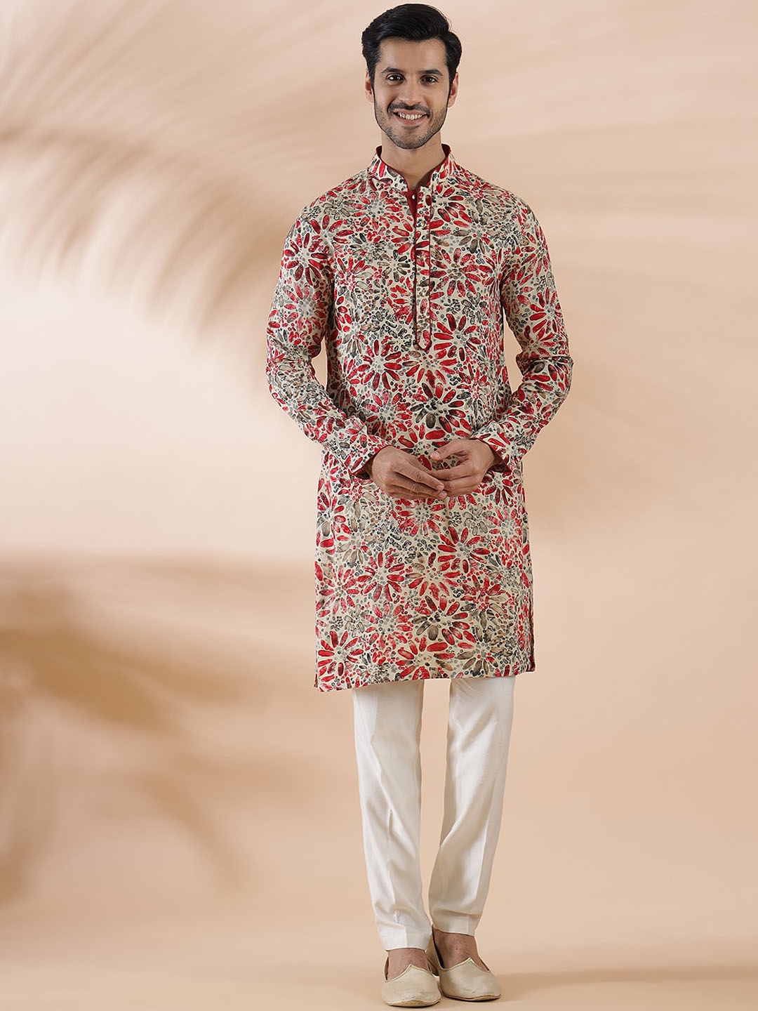 

THE KURTA COMPANY Floral Printed Mandarin Collar Cotton Straight Kurta, Cream