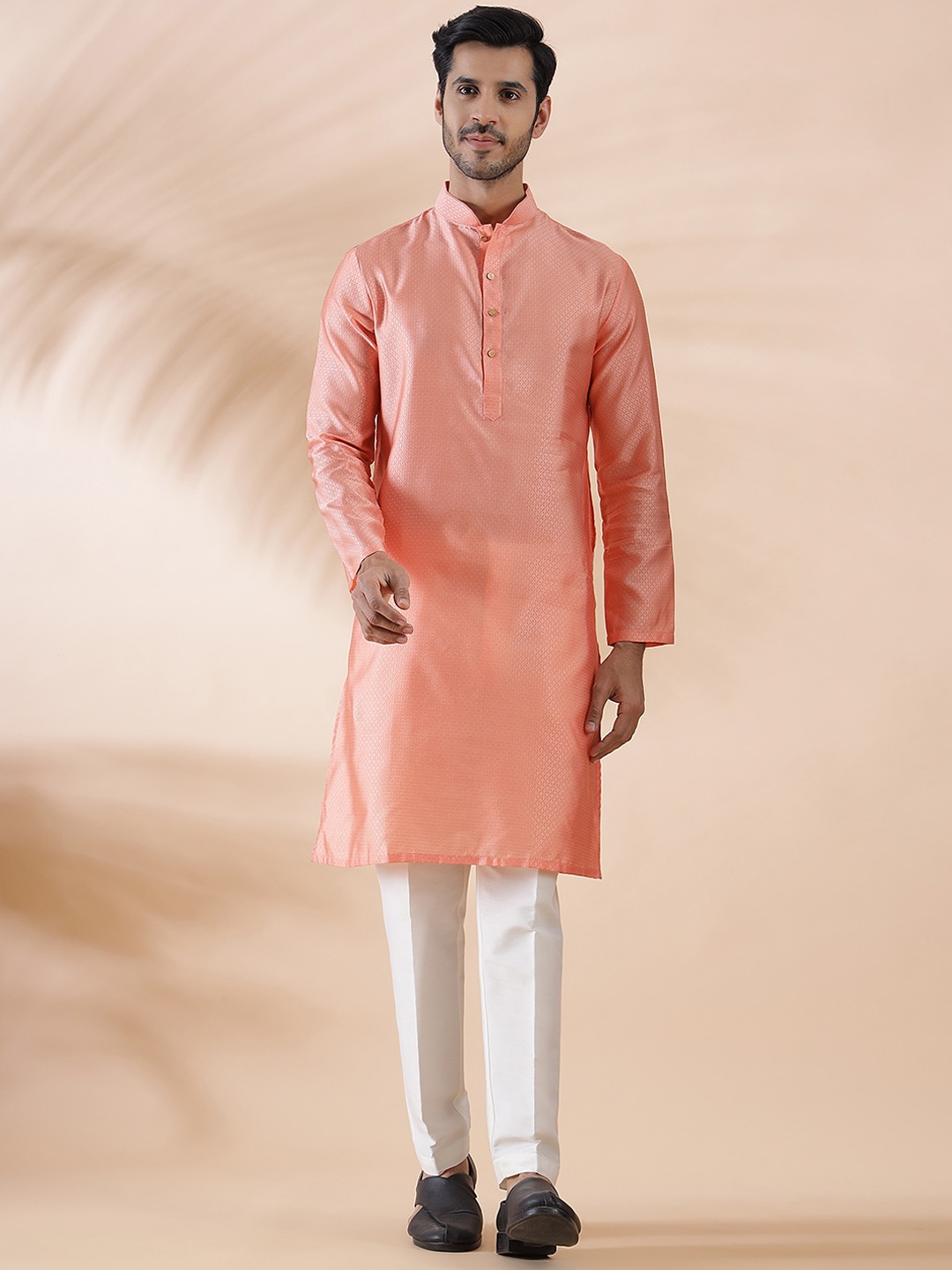 

THE KURTA COMPANY Woven Design Mandarin Collar Silk Straight Kurta, Peach