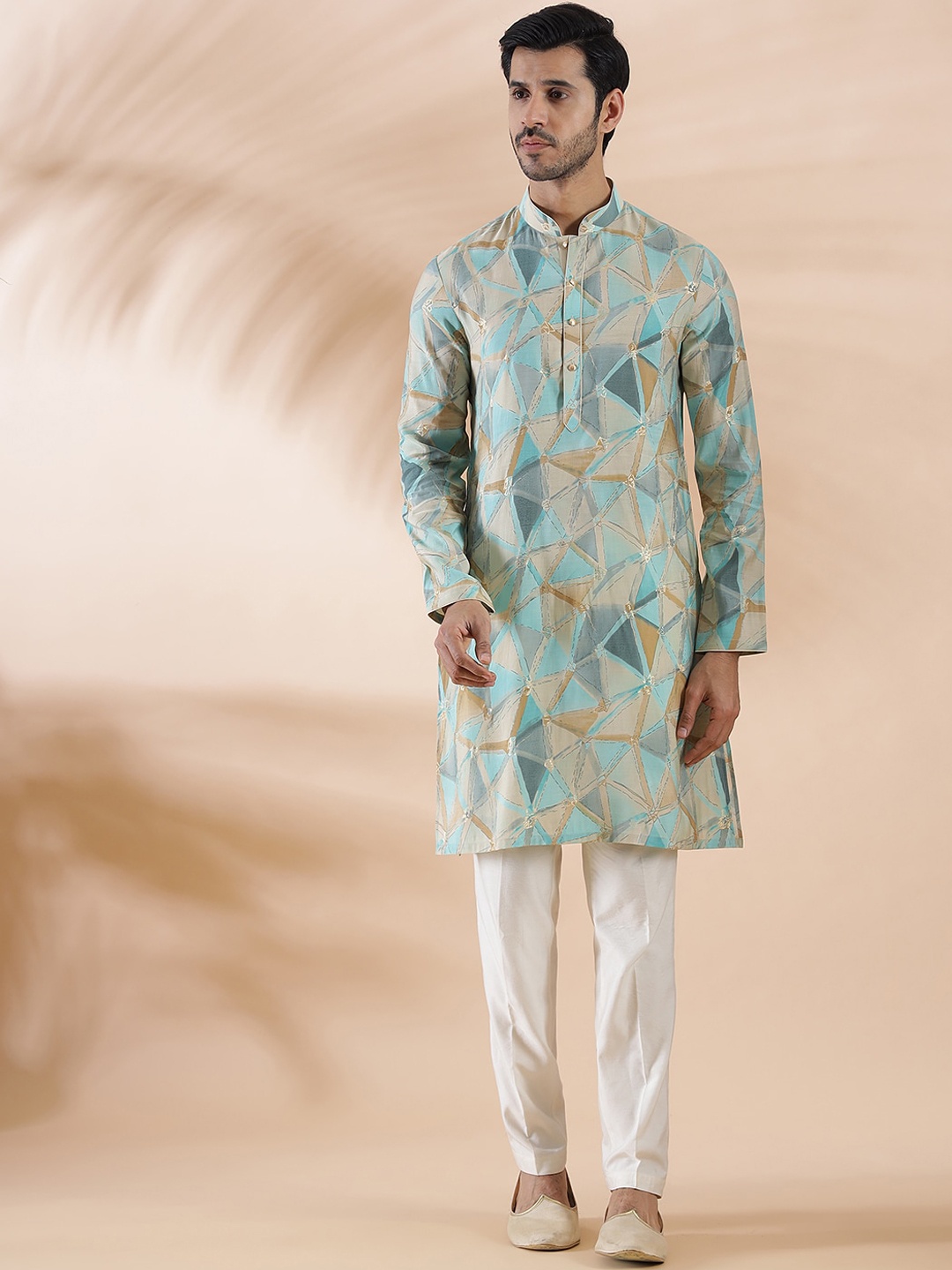 

THE KURTA COMPANY Geometric Foil Printed Mandarin Collar Silk Straight Kurta, Blue
