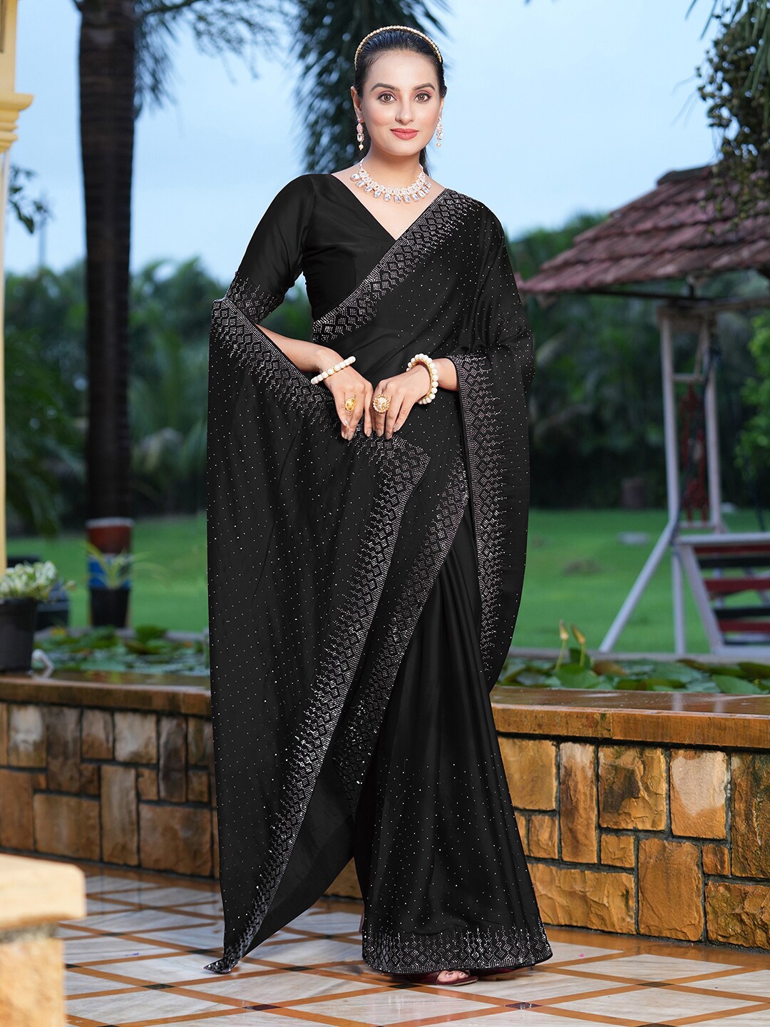 

Satrani Embellished Beads and Stones Saree, Black