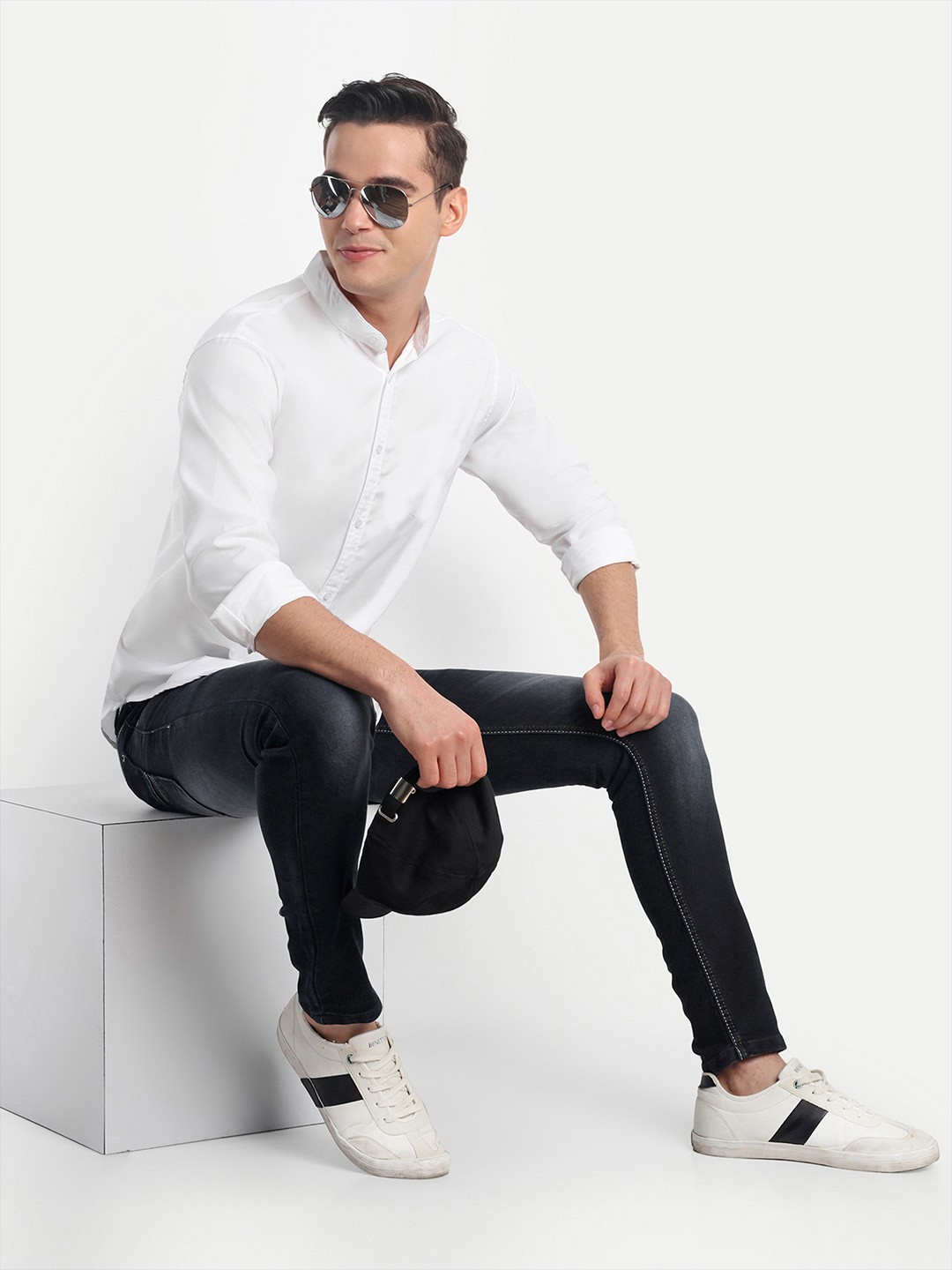 

S-LINE Mandarin Collar Long Sleeves Classic Regular Fit Cotton Shirt, White