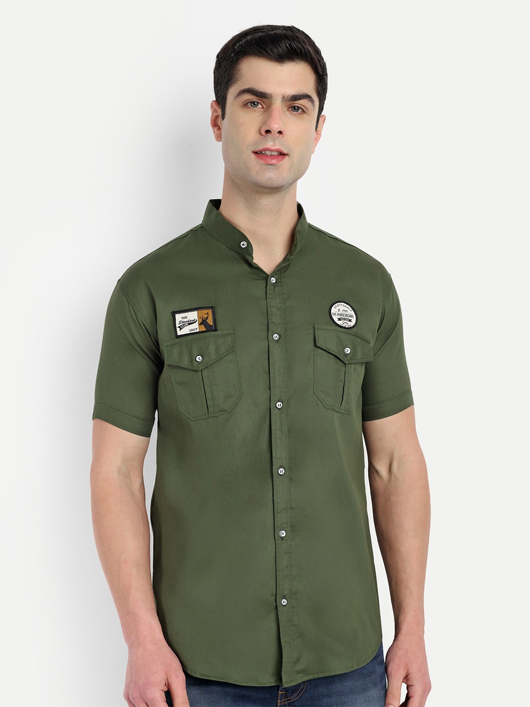 

S-LINE Classic Mandarin Collar Opaque Cotton Casual Shirt, Green