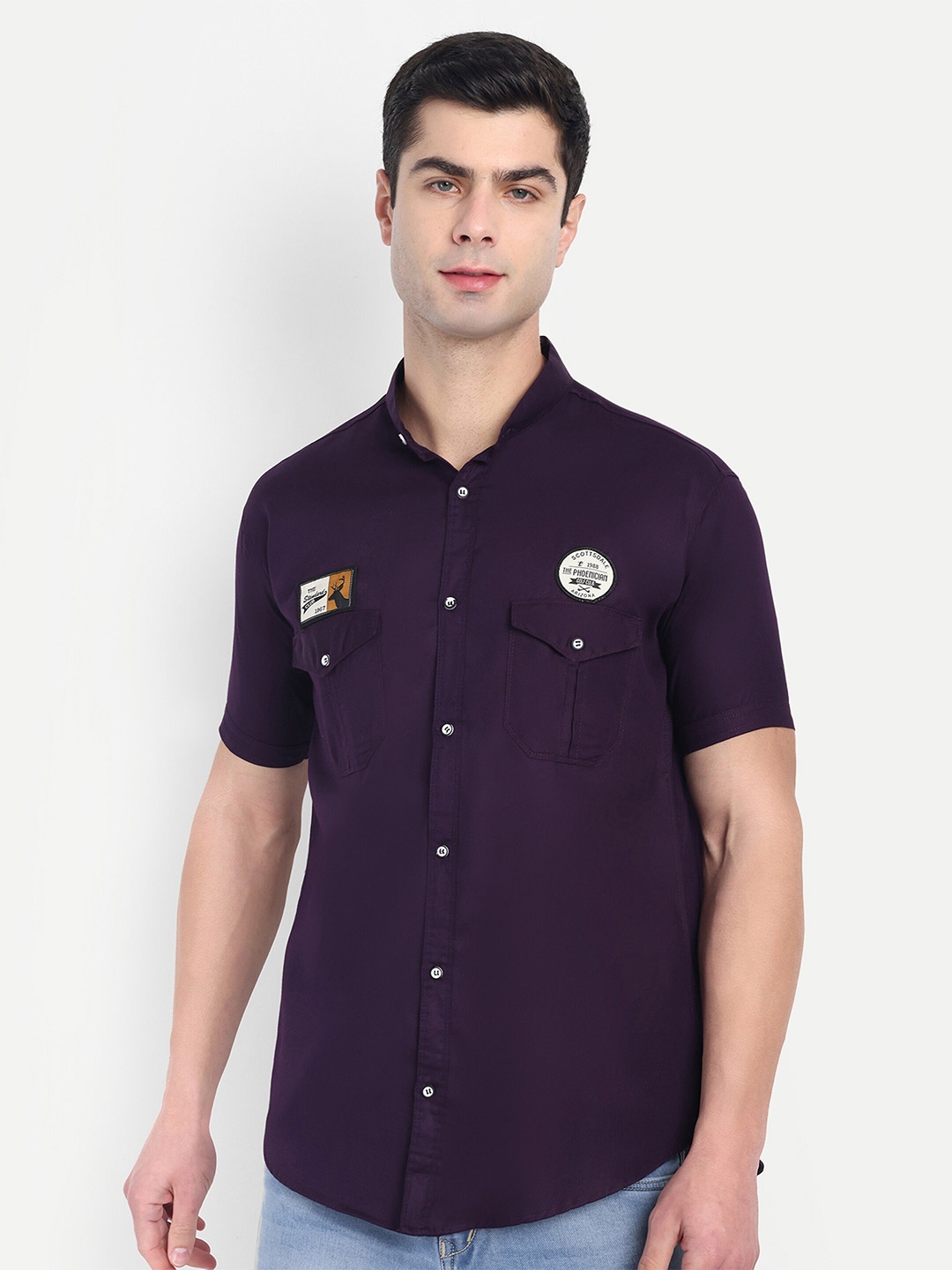 

S-LINE Mandarin Collar Short Sleeves Classic Regular Fit Cotton Shirt, Purple