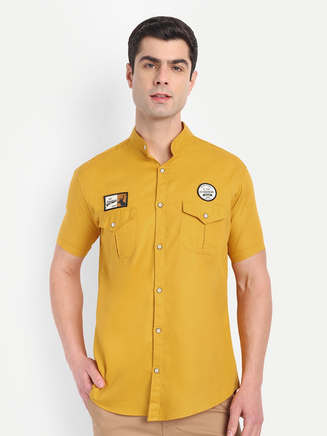 

S-LINE Mandarin Collar Short Sleeves Classic Regular Fit Cotton Shirt, Mustard