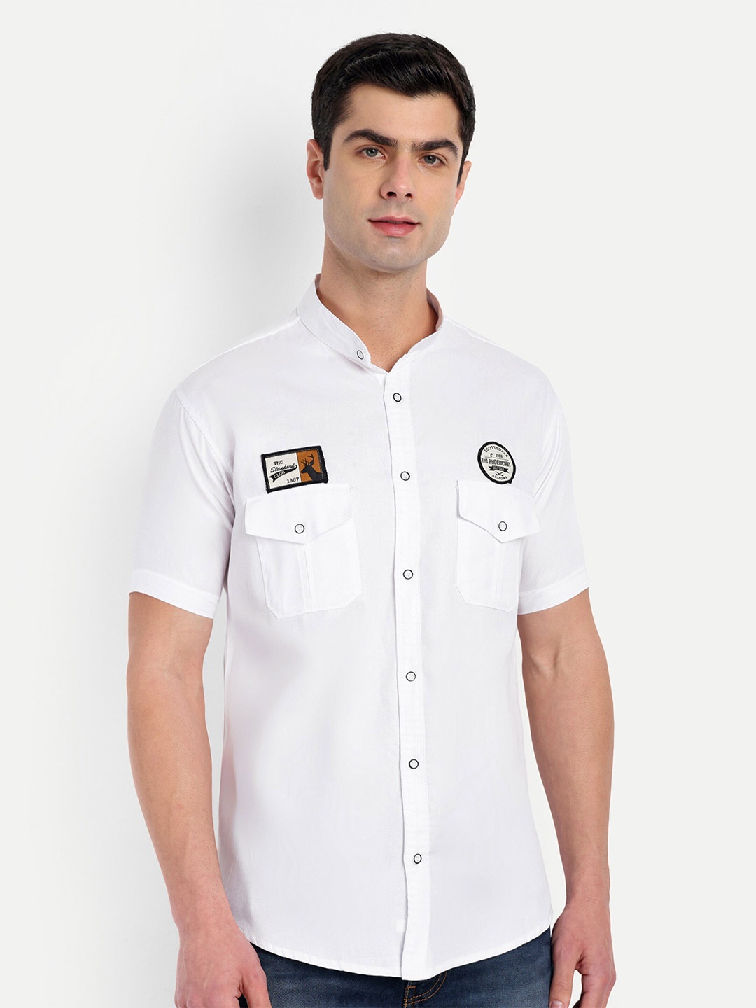 

S-LINE Mandarin Collar Short Sleeves Classic Regular Fit Cotton Shirt, White