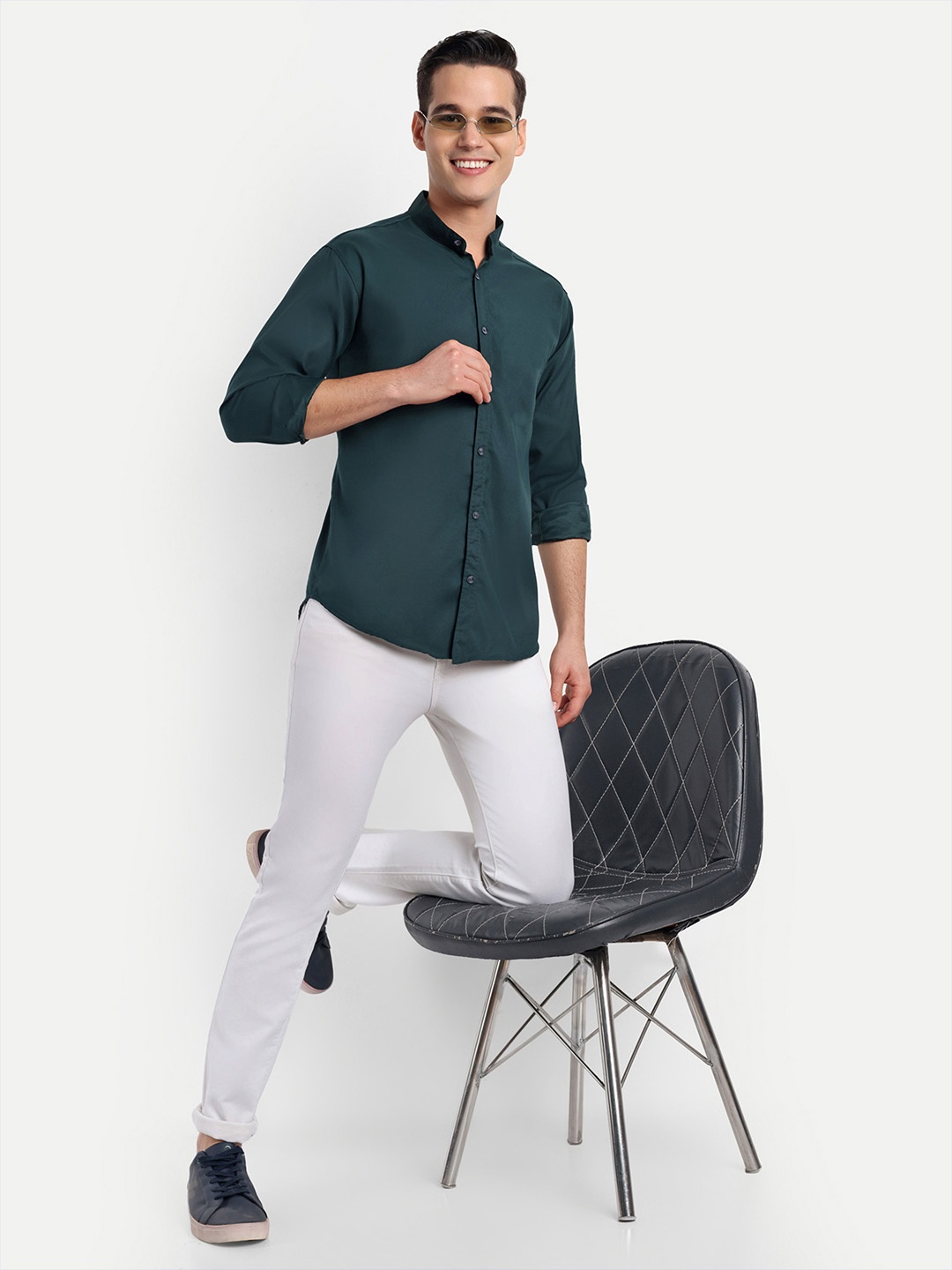 

S-LINE Classic Mandarin Collar Opaque Cotton Casual Shirt, Green