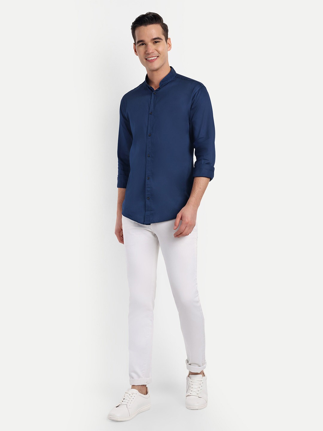 

S-LINE Classic Printed Mandarin Collar Cotton Casual Shirt, Teal