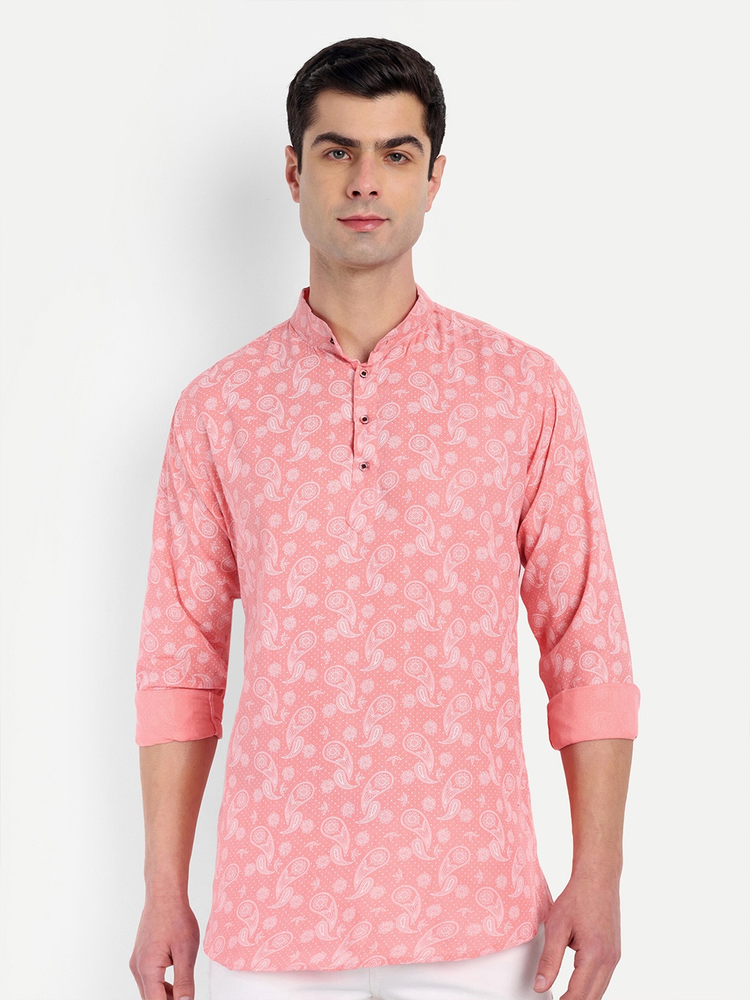 

S-LINE Classic Mandarin Collar Floral Opaque Printed Cotton Casual Shirt, Pink