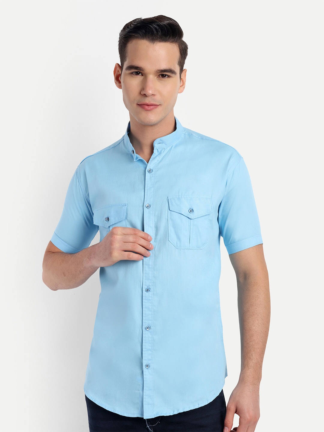 

S-LINE Mandarin Collar Short Classic Regular Fit Cotton Shirt, Blue