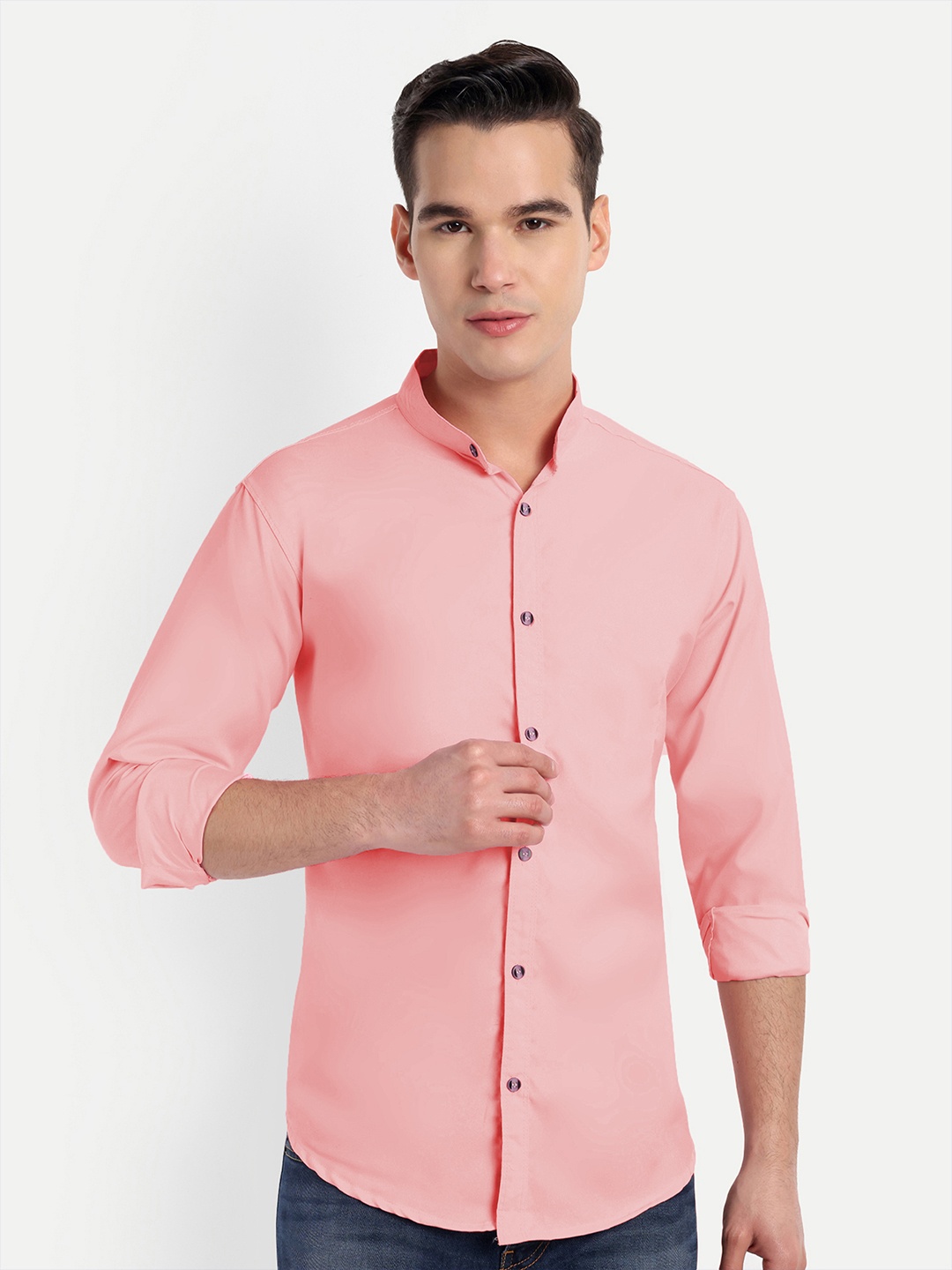

S-LINE Classic Mandarin Collar Opaque Cotton Casual Shirt, Peach