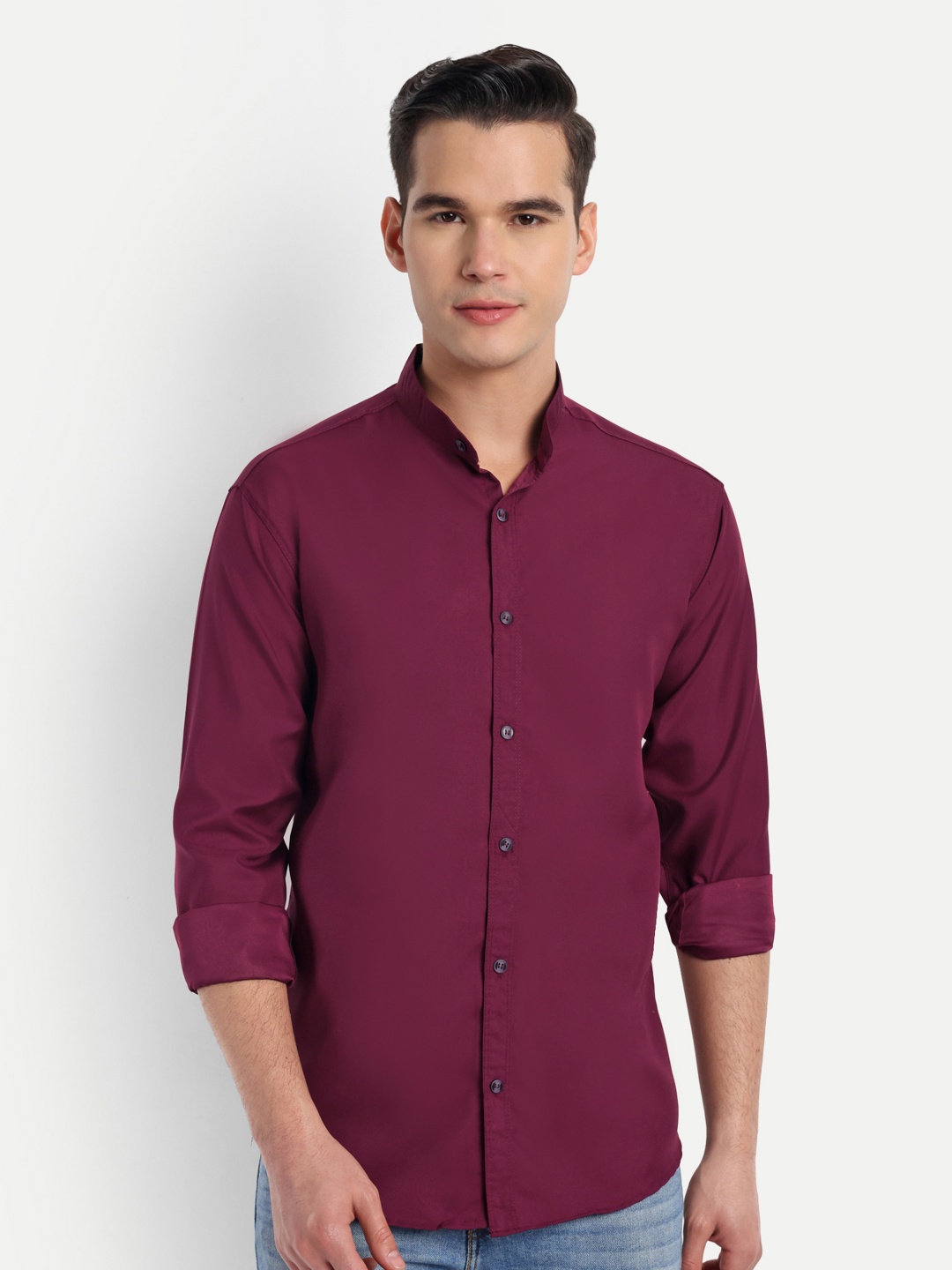 

S-LINE Classic Mandarin Collar Opaque Cotton Casual Shirt, Maroon