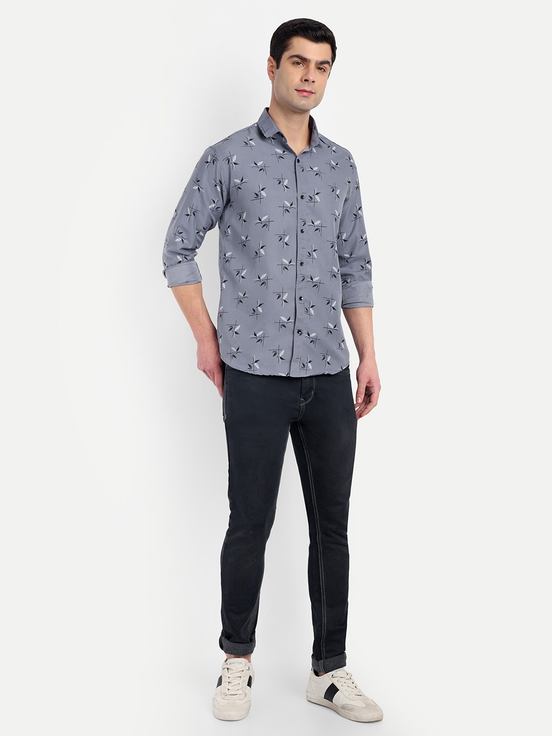 

S-LINE Classic Spread Collar Opaque Printed Cotton Casual Shirt, Grey