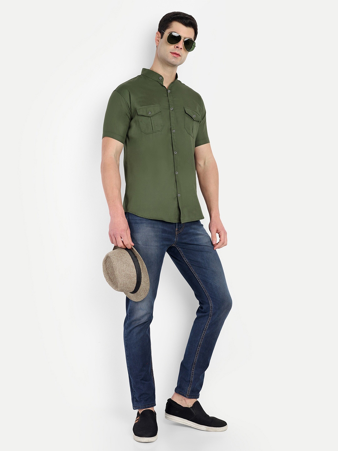 

S-LINE Classic Spread Collar Half Sleeve Cotton Casual Shirt, Green