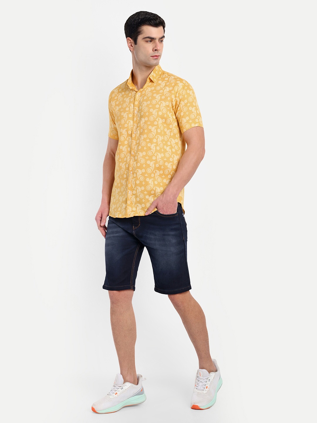 

S-LINE Classic Spread Collar Floral Opaque Printed Cotton Casual Shirt, Mustard