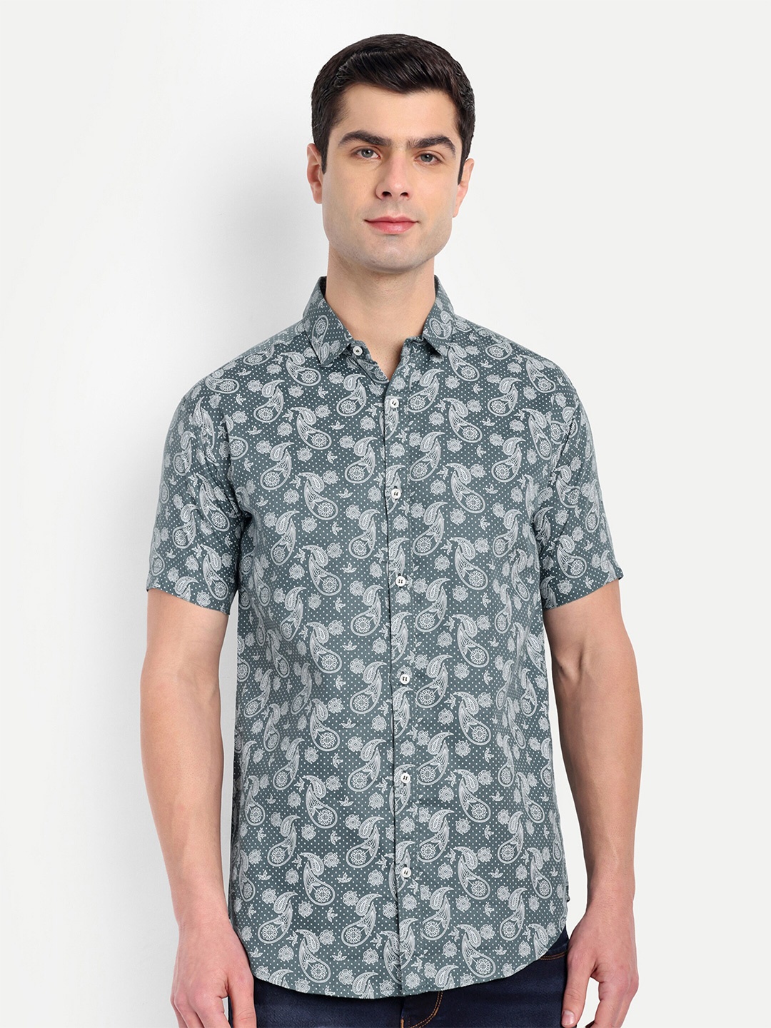 

S-LINE Classic Floral Opaque Printed Cotton Casual Shirt, Green