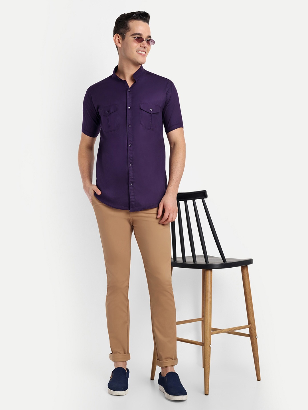 

S-LINE Classic Mandarin Collar Opaque Cotton Casual Shirt, Purple