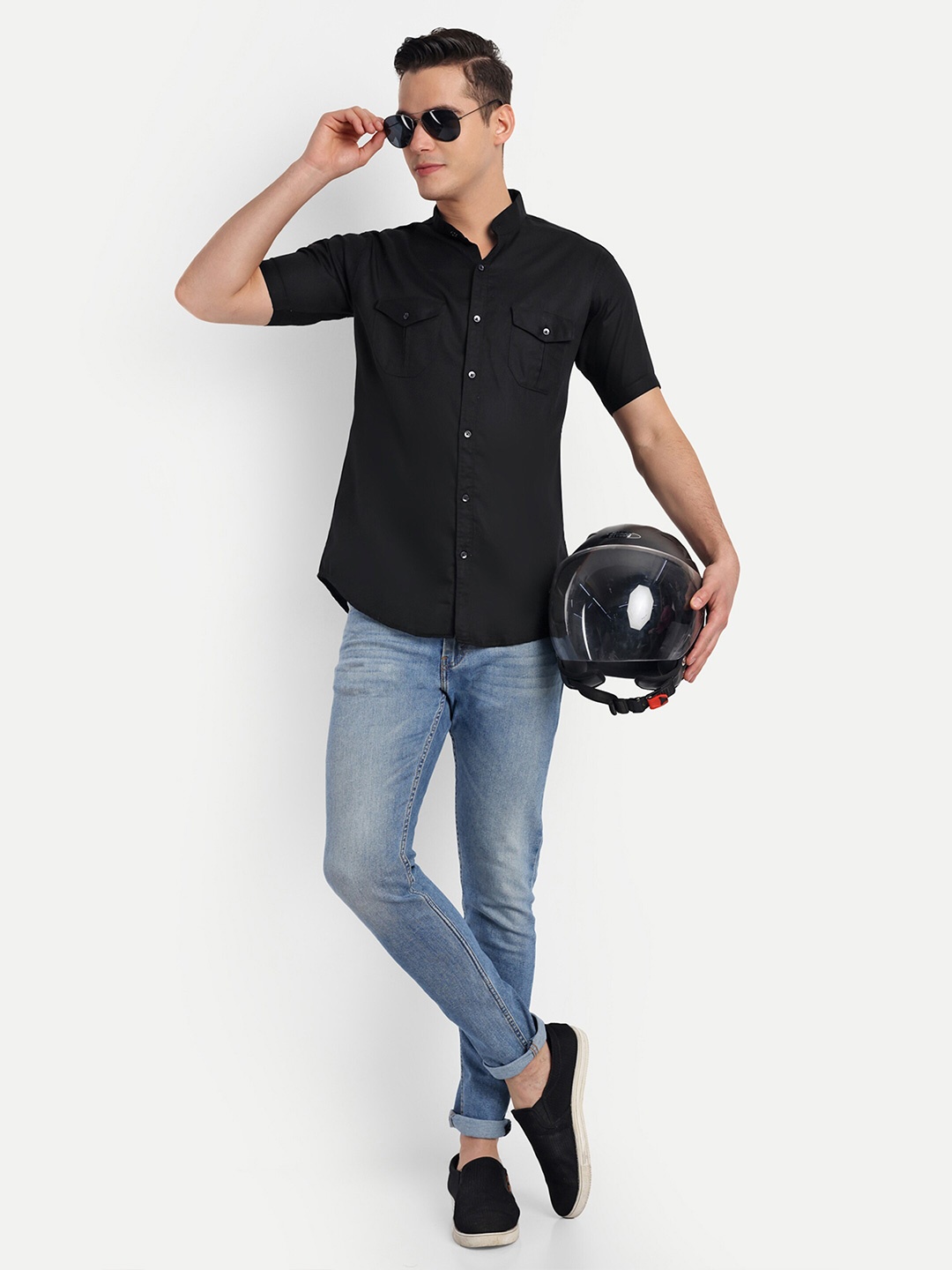 

S-LINE Classic Spread Collar Half Sleeve Cotton Casual Shirt, Black