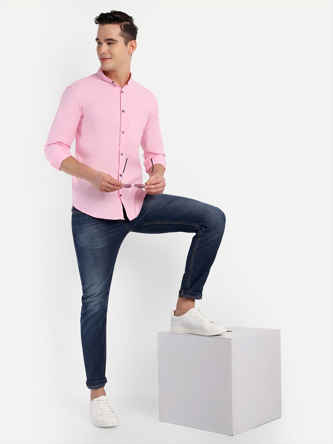 

S-LINE Classic Mandarin Collar Opaque Cotton Casual Shirt, Pink