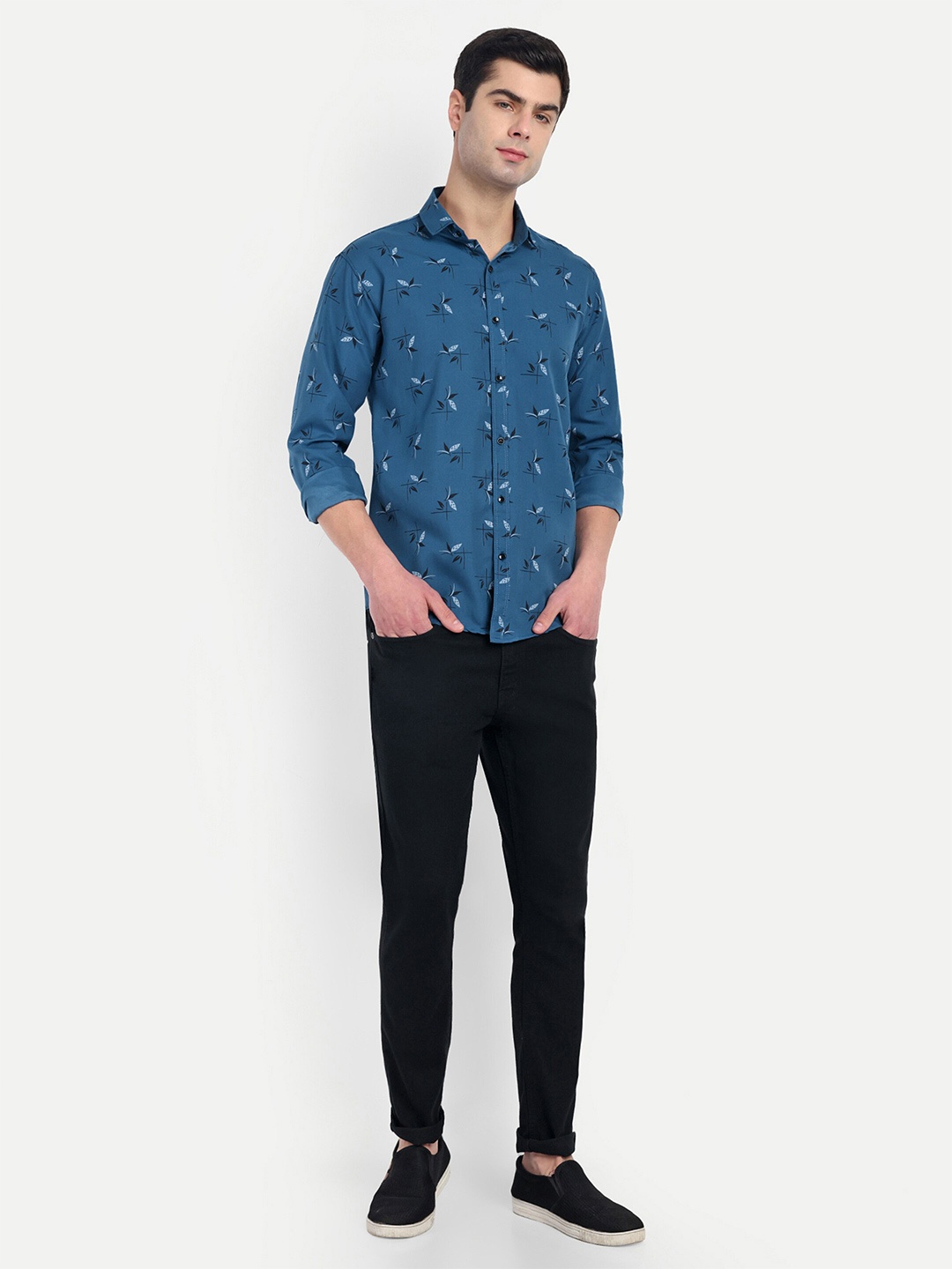 

S-LINE Spread Collar Long Sleeves Classic Conversational Printed Regular Fit Cotton Shirt, Teal