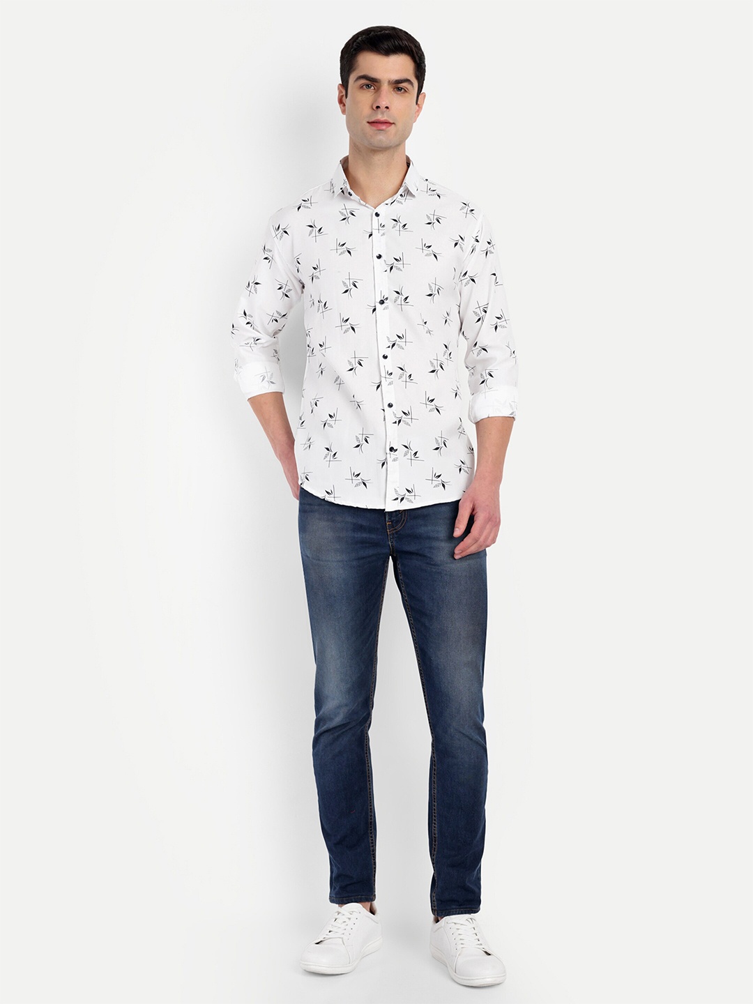 

S-LINE Spread Collar Long Sleeves Classic Conversational Printed Regular Fit Cotton Shirt, White