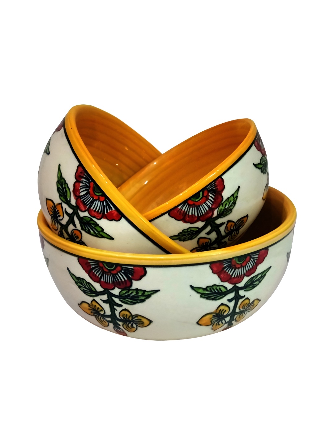 

INDIA MEETS INDIA Yellow and White 3 Pieces Ceramic Microwave Safe Serving Bowls