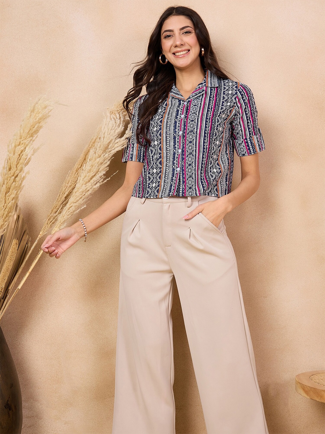 

Anouk Blue Ethnic Motifs Printed Cotton Shirt Style Top