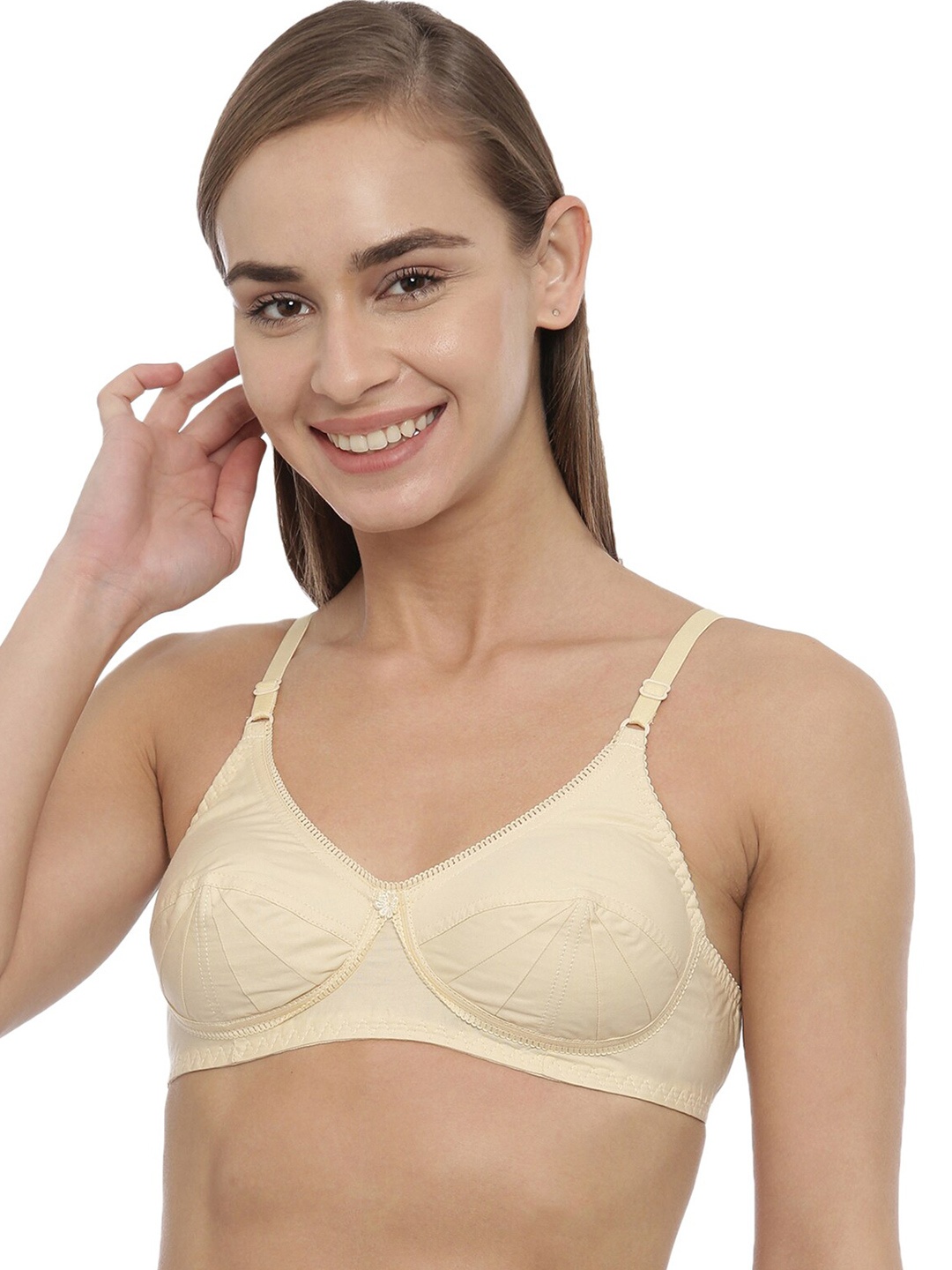 

BLOSSOM Seamed Panelled Woven Cotton Bra_Saree Bra, Beige