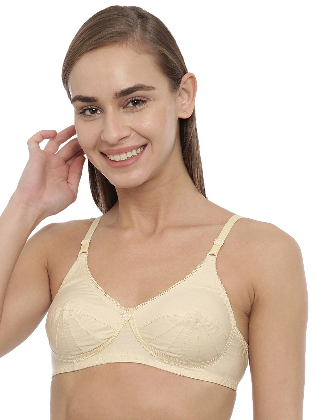 

BLOSSOM Seamed Panelled Woven Cotton Bra_Saree Bra, Beige